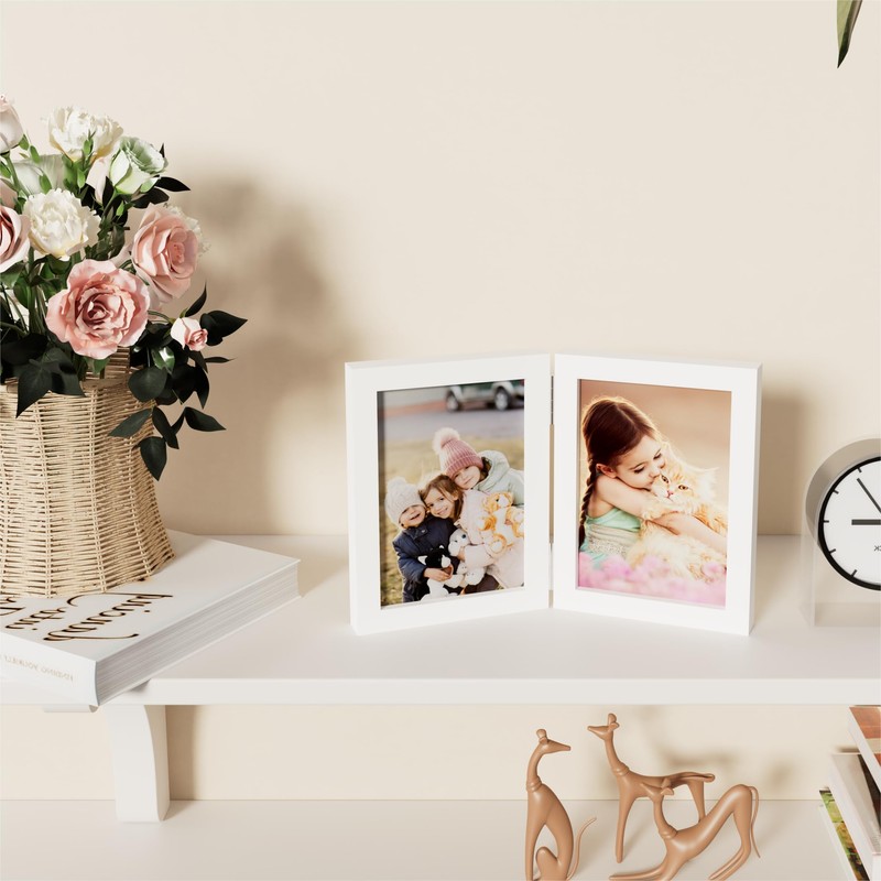 decorUhome Double 5x7 Picture Frame Vertical, Engineered Wood Bifold Photo