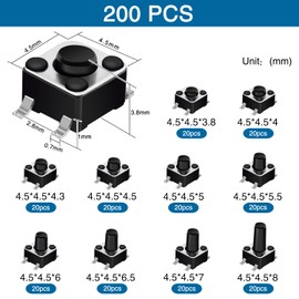 VooGenzek 200 Pieces 10 Values Micro Momentary Tactile Push Button Switch, 4.5 x 4.5 mm Tactile Push Button Switch, Button Micro Tactile Switch Kit, Black