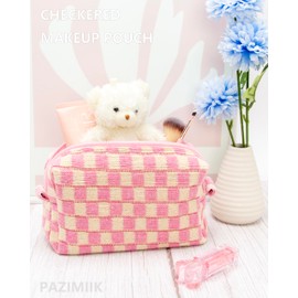 PAZIMIIK Checkered Makeup Bag for Purse Portable Zipper Make Up Pouch Small Cosmetic Case for Travel Accessories Pink Beige