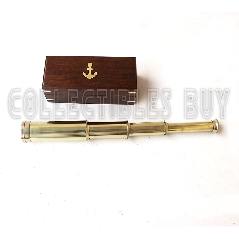 14" Handheld Nautical Three Fold Brass Telescope Maritime Wooden Box