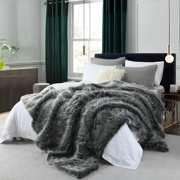 Luxury Faux Fur Blanket Queen Size, Ultra Big Grey and Black High Pile Mixed Faux Fur Blanket, Oversized Super Warm, Fuzzy, Elegant, Fluffy Decoration Blanket Scarf for Sofa, Couch and Bed, 90''x 90"