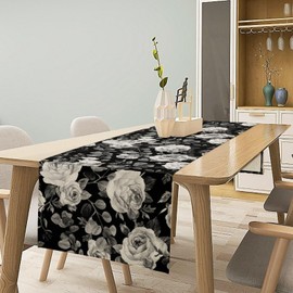 JanJCurt Vintage Black Flower Table Runner, Retro Roses Blossom Eucalyptus Plants Botanical Branches Dark Gothic Floral Table Runner for Home Party Indoor Outdoor Decor, 13x36inch