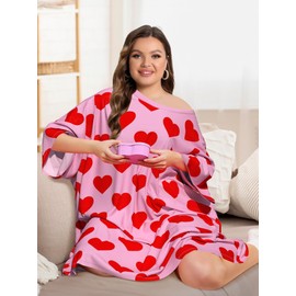 FLYCURVY Plus Size Nightgowns for Women Oversized Nightshirt Short Sleeve Loungewear Moomoo Dress with Pocket Pink