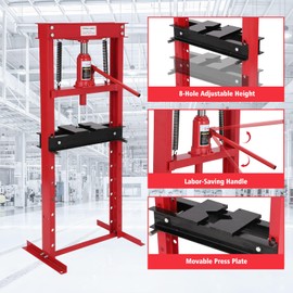 Hydraulic Shop Press, 12 Ton H-Frame Garage Floor Shop Press Adjustable Hydraulic Press with Press Plates, Red