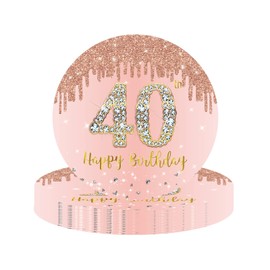 YAAVAAW Happy 40th Birthday Paper Plates 9'' Rose Gold, 16Pcs Womens Party Disposable Tableware, Decorations for Women, Her Supplies Table