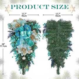 Briful Teal Christmas Swags 28'' x 17.7'', Magnolias Christmas Teardrop Wreath with Glitter Xmas Ornaments, Ribbons – Turquoise Xmas Door Swag for Decorating Indoor Outdoor Holiday Décor
