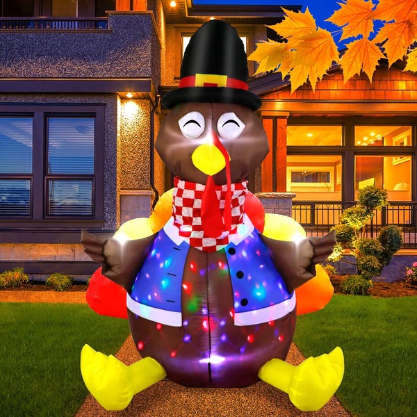 OurWarm 6ft Thanksgiving Inflatables Turkey Decorations, Blow up Turkey Inflatable with Colorful Rotating LED Lights for Fall Thanksgiving Decorations Outdoor Holiday Yard Lawn Garden Decor