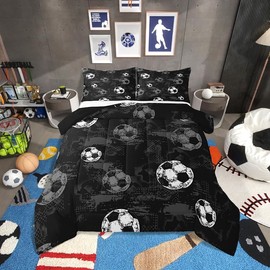 Erosebridal Soccer Comforter Twin Football Bedding Sets for Boys Teens Sport Themed Bedding Ball Gaming Duvet Insert Black Gray Grunge Room Decor 2pcs with 1 Pillow Case Lightweight Soft Bed Set