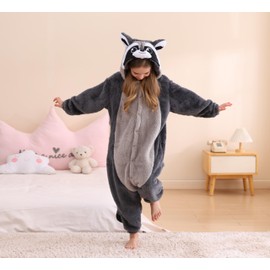 SimZoo Kids Animal Pajamas, 3-13 Years Boy and Girls Gray Raccoon Cosplay Costume Sleepwear, One-Piece Unisex Homewear