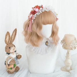 Eileen Short Beige Wig, Harajuku Style, GAL Type, Heat Resistant, Natural Fluffy, Curl, Perm, Medium, Wig, Curly Hair, Small Face Effect, Net Included