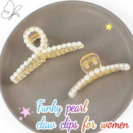 Unicra White Pearl Claw Clips Decorative Fancy Hair Clips Strong Hold Hair Claw Clip Hair Accessories for Women (Pack of 2) (Pearl A)