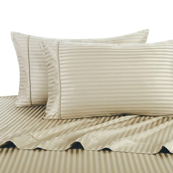 Stripe Tan Split-King: Adjustable King Bed Size Sheets, 5PC Bed Sheet Set, 100% Cotton, 300 Thread Count, Sateen Striped, Deep Pocket, by Royal Hotel