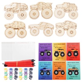 Monster Truck Party Favors, 24 PCS Monster Truck Cards with Wood Painting Crafts Kits for Kids, Truck Party Game Favors Vehicles to Paint Wooden Truck, DIY Gift for Home Party Decoration Craft Project