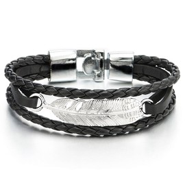 COOLSTEELANDBEYOND Feather Black Braided Leather Bracelet for Men Women Three-Row Leather Wristband(CA)