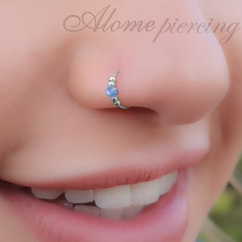Opal Piercing Earring Ultra Thin 24G Sterling Silver Nose Piercing Ring – Light Blue Small Nose Ring Opal – 7 mm Nose Ring