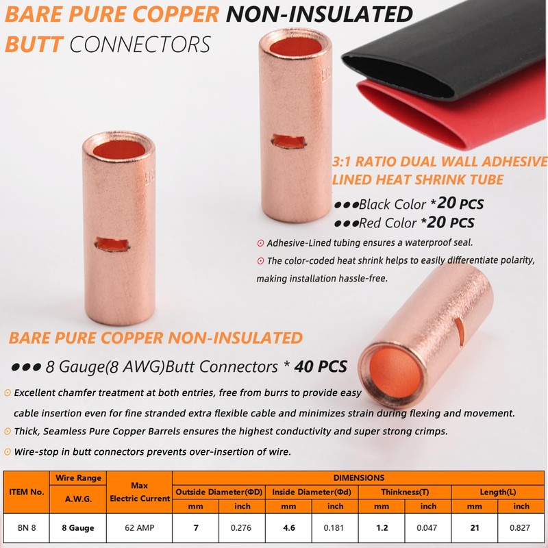 SVAAR 40PCS 8 Gauge Non Insulated Butt Connectors 8 AWG