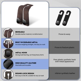 NHHEO Car Purse Hook for Headrest, Car Seat Back Storage Hook Bendable Leather Universal Vehicle Car Bag Hooks(Brown)