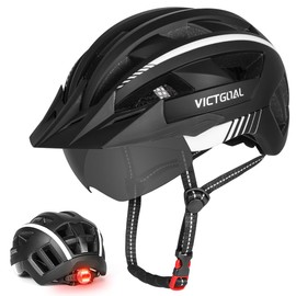 Victgoal Bike Helmet, MTB Mountain Bike Helmet with Magnetic Visor, Removable Sun Visor Cap and LED Rear Light, Cycling Helmet Racing Bike Helmet for Adults Men’s / Women’s (M: 54 - 58 cm – Black / White)