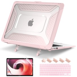 Batianda Protective Case for MacBook Air 13 inch 2021 2020 Release A2337 M1 A2179 A1932 with Touch ID,Heavy Duty Honeycomb Design with Slim TPU Bumper and Fold Kickstand & Keyboard Cover,Light Pink