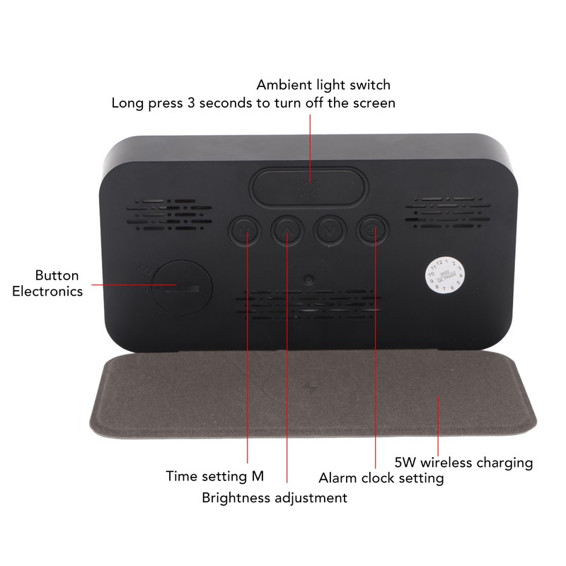 Wireless Charging Alarm Clock USB Reverse Charging LED Large Screen
