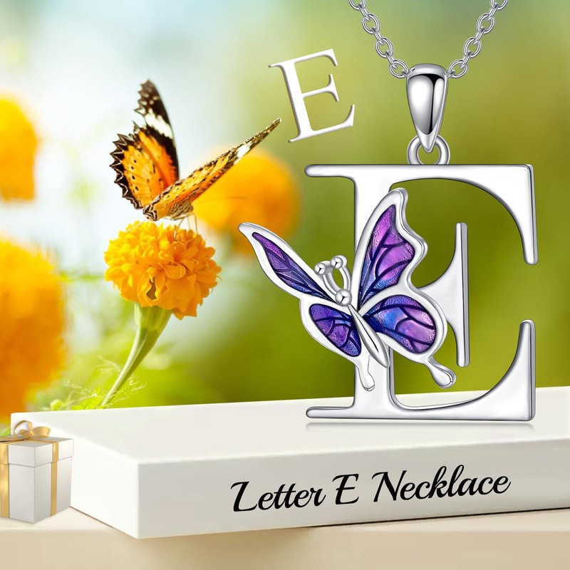 LONAGO Initial E Necklace for Women 925 Sterling Silver Purple