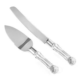 Wedding Cake Knife and Server Set, Cake Cutter and Pie Spatula, Cake Server and Knife Set of 2 with Crystal Handles, 1.2mm Thick Blades, Cutting Set for Birthdays, and Parties (Crystal Silver)