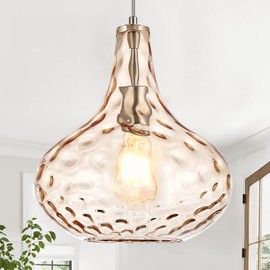 CATINER 11" Amber Hammered Glass Pendant Light, Blown Glass Hanging Light Fixture with Brushed Nickel Finish, Vintage Modern Ceiling Light for Kitchen Island, Dining Room, Hallway, Living Room