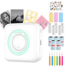 DSXVJHD Mini Thermal Printer, Portable Pocket Printer with 14 Rolls Paper, 6 Colored Pens, Wireless Bluetooth Inkless Printer, Small Sticker Machine for Labels, Notes, Pictures, Photos (Green)