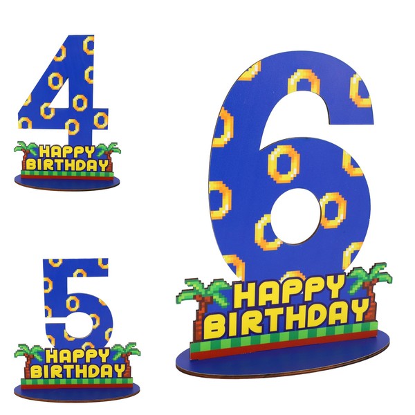 6th Birthday Centerpiece, Wooden Table Topper Blue with Gold Ring