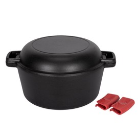 DishDelight 2-in-1 Pre-Seasoned Enameled Cast Iron Dutch Oven Pot with Lid and Dual Handles, Cast Iron Skillet Cookware Pan Set with Skillet Lid Cooking Pan, Black