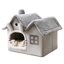 Luxury Double Roof Indoor Dog House Cat Nest,Foldable Warm Soft Kennel,30D High Elastic Memory Sponge,Removable Cushion and Non-Slip Bottom (Grey Double Roof, M)