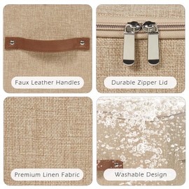 VinneGenzz 2 Pack Storage Bins with Zipper Lid Cotton Linen Fabric Lidded Storage Baskets Boxes Foldable Washable Closet Shelf Clothes Organizer Container with PU Leather Handles (Linen, Small)