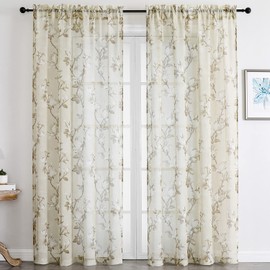 SMILE WEAVER Nature Yellow Sheer Curtains 63 inch Length for Living Room,Light Filtering Curtain 2 Panels,Voile Linen Textured Semi Sheer Floral Curtains for Bedroom/Kitchen Window Drapes