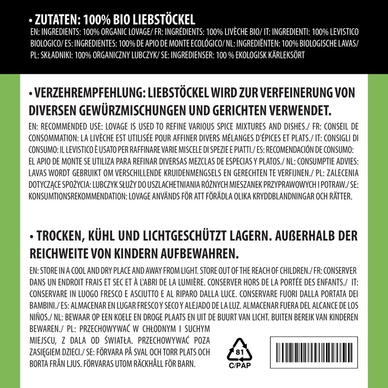 Dried Organic Lovage (250g, 8.8oz), Rubbed Organic Lovage, Dried Lovage
