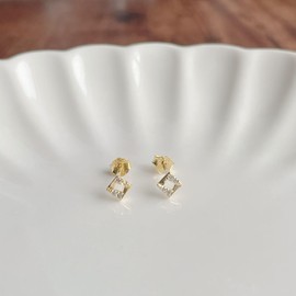 Silver 925 Hypoallergenic Square Tiny Mini Stone Earrings, Yellow Gold, Cubic Zirconia