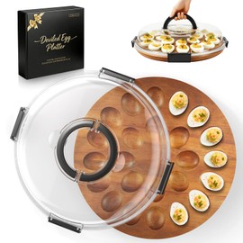 Renmxj Deviled Egg Containers with Lid (24 Eggs), 2026 Upgraded Acacia Wooden Deviled Egg Tray Platter for Party and Home Kitchen, The Lid is Dishwasher Safe (Black)