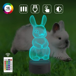CooPark Rabbit Bedside Light for Kids, Bugs Bunny 3D Hologram Illusion Night Lamp LED Remote Control 16 Color Changing, Best Christmas Easter Birthday Gift for Child Baby Girl