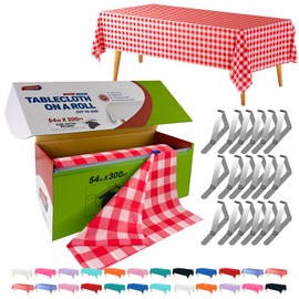 TRIMENGO 54in x 300Ft Red Gingham Plastic Table Cloth Roll with 18 Pcs Stainless Steel Clips, Disposable Table Cover Roll in A Cut-to-Size Box with Slide Cutter, Tablecloth for Parties, Birthdays