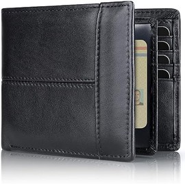 Carteras para Caballero, Billetera Hombre de Piel, Tarjeteros Monedero con RFID Bloquea y Ventana de Identificación, Mens wallet Minimalista Plegable con 16 Bolsillos para Tarjetas de Crédito(Negro)