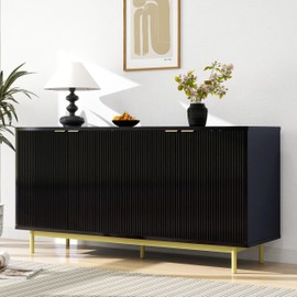 Sideboard Buffet Cabinet with Storage, 58'' Modern Fluted Coffee Bar Storage Cabinet with 4 Doors and Adjustable Shelves, Media Console for Entryway, Kitchen, Living Room, Black