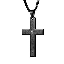 LeapoFaith Pendant Cross for Car Rear View Mirror Necklace Cross for Men Women Charm Car Mirror Hanging Accessories Ornament Stainless Steel Lord's Prayer Cross Necklace With Bible Verse (Black)