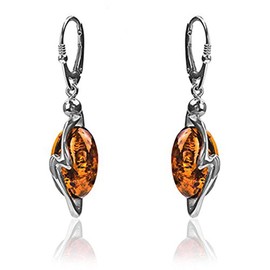 Sterling Silver Amber Oval Dangle Leverback Earrings
