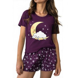 Aseniza Women's Short Pyjamas Cotton Shorty Set Short Sleeve Sleepwear Women Loungewear Two Piece Pyjamas Sleepwear for Summer, purple
