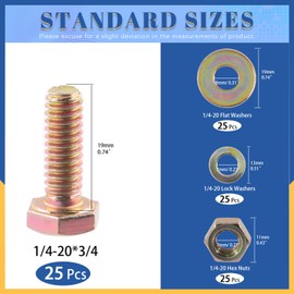 Glarks 100Pcs 1/4"-20 x 3/4" Hex Cap Bolts and Hex Nuts with Flat Washers Lock Washers Assortment Kit, Grade 8 Zinc Finish Steel Hex Head Screws Bolts Nuts Washers Kit, Coarse Thread