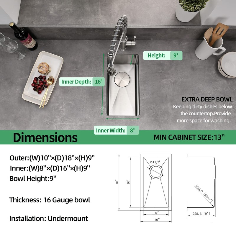 EcoChannels Undermount Wet Bar Sink, 10 x 18 Inch Single
