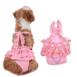 Dog Diapers Female Small Tiny Dogs Washable Sanitary Pantie with Adjustable Suspender, Reusable Doggie Diapers for Girl Dogs in Heat, Pink Cherry Puppy Pet Period Panties Chihuahua Yorkie Underwear