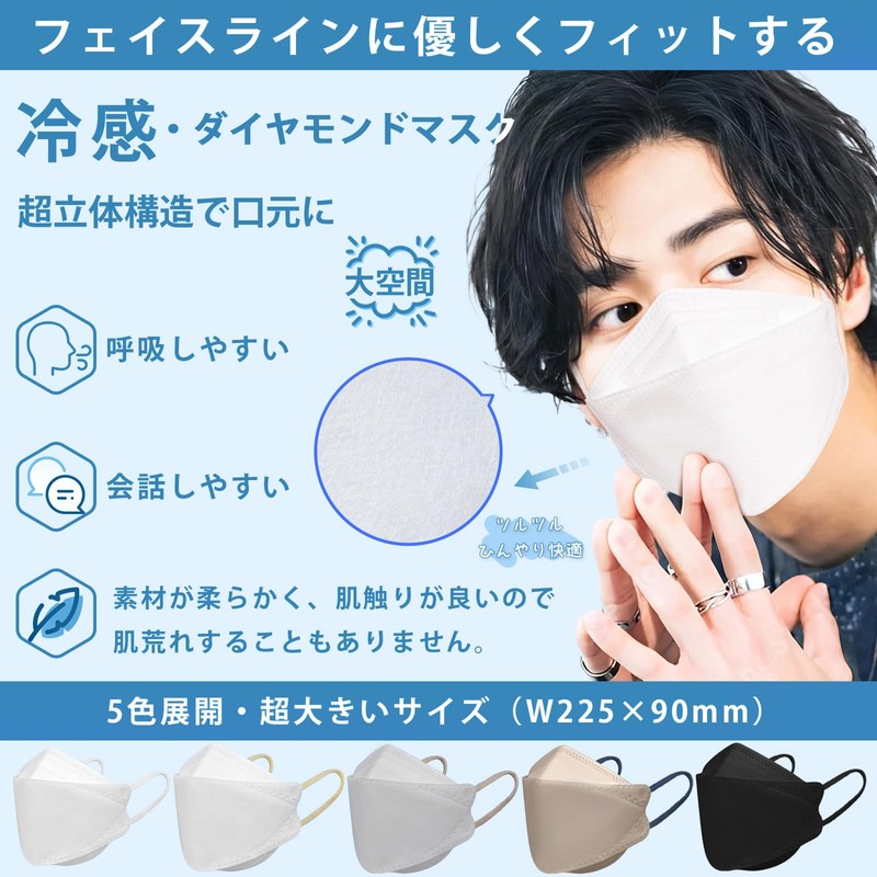 [Hellozebra] 【冷感 マスク 立体】夏用 接触冷感 マスク 不織布 ダイヤモンドマスク 個包装 ひんやりマスク