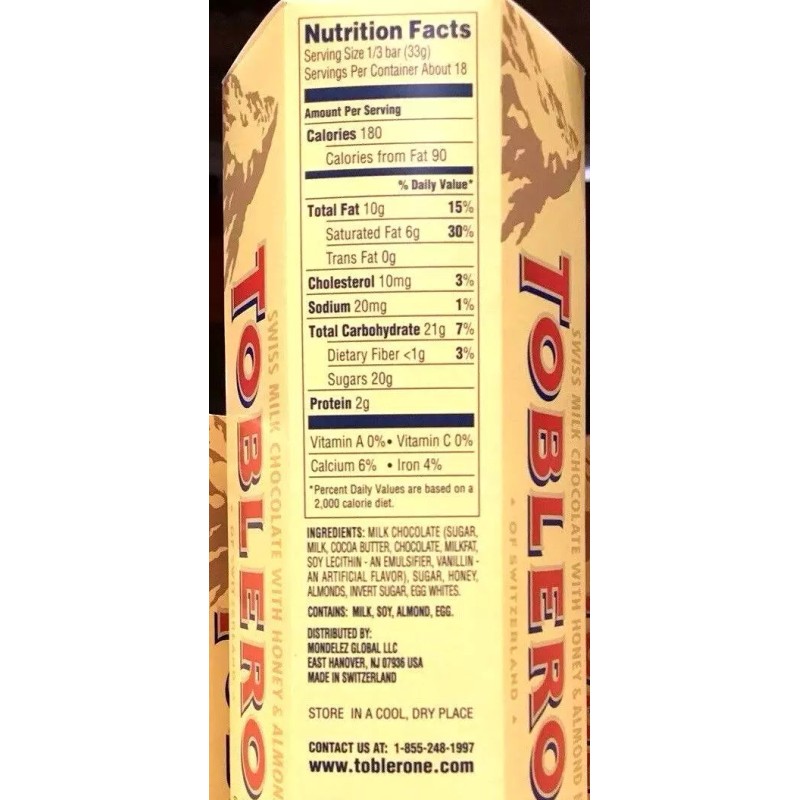 TOBLERONE Swiss Milk Chocolate Honey Almond Nougat 18 Bars 3.52