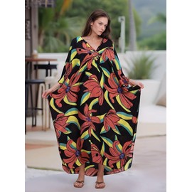 cthseie Women's Kaftan Dresses V Neck Batwing Sleeve Beach Cover Ups Plus Size Lightweight Caftans for Swimwear