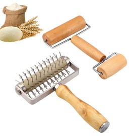 2Pcs Pizza Dough Roller & Dough Docker, Wood Rolling Pin Stainless Steel Dough Hole Puncher for Pizza, Pie, Pastry, Bread, Pasta, Cookie, Crust